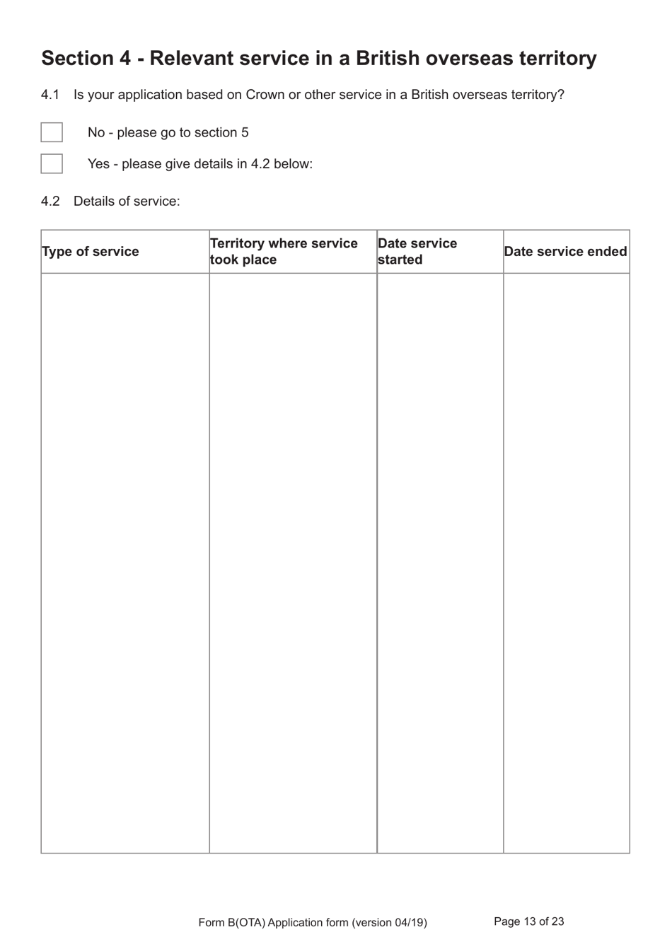 Form B(OTA) Application for Registration as a British Citizen by British Overseas Territories Citizen, British Overseas Citizen, British Protected Person, British Subject (Under the British Nationality Act 1981), British National (Overseas) - United Kingdom, Page 13