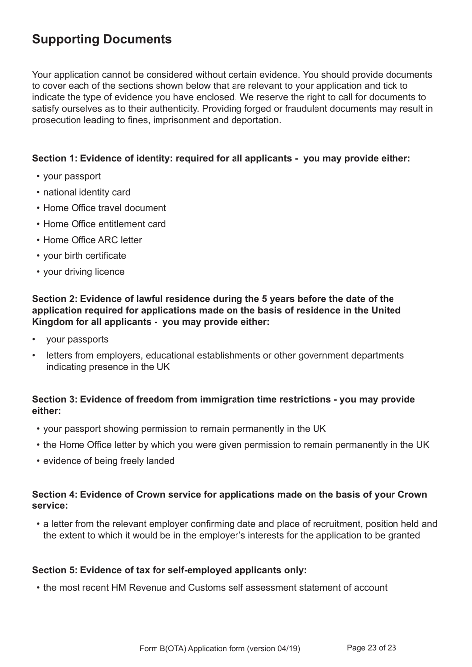 Form B(OTA) Application for Registration as a British Citizen by British Overseas Territories Citizen, British Overseas Citizen, British Protected Person, British Subject (Under the British Nationality Act 1981), British National (Overseas) - United Kingdom, Page 23