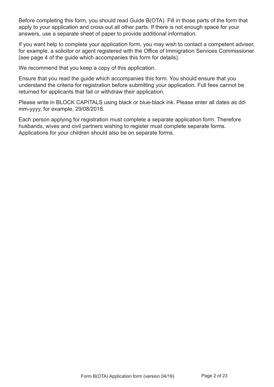 Form B(OTA) Application for Registration as a British Citizen by British Overseas Territories Citizen, British Overseas Citizen, British Protected Person, British Subject (Under the British Nationality Act 1981), British National (Overseas) - United Kingdom, Page 2