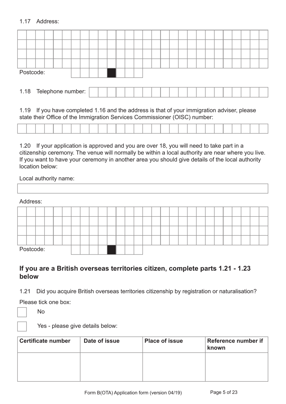 Form B(OTA) Application for Registration as a British Citizen by British Overseas Territories Citizen, British Overseas Citizen, British Protected Person, British Subject (Under the British Nationality Act 1981), British National (Overseas) - United Kingdom, Page 5