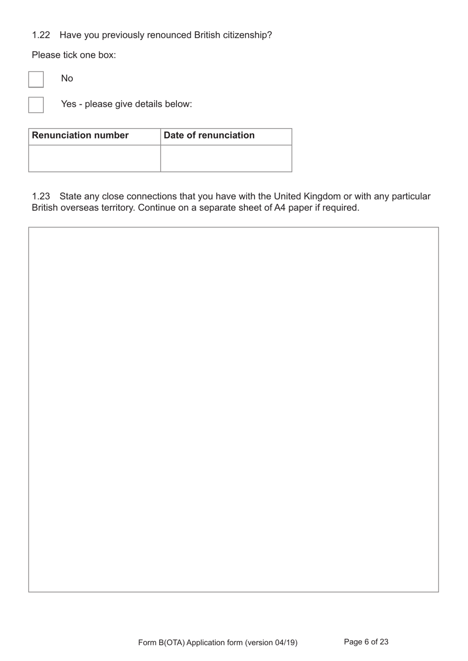 Form B(OTA) Application for Registration as a British Citizen by British Overseas Territories Citizen, British Overseas Citizen, British Protected Person, British Subject (Under the British Nationality Act 1981), British National (Overseas) - United Kingdom, Page 6