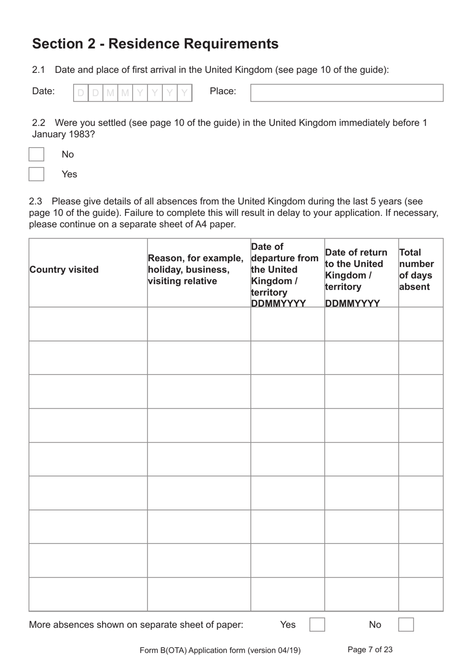 Form B(OTA) Application for Registration as a British Citizen by British Overseas Territories Citizen, British Overseas Citizen, British Protected Person, British Subject (Under the British Nationality Act 1981), British National (Overseas) - United Kingdom, Page 7