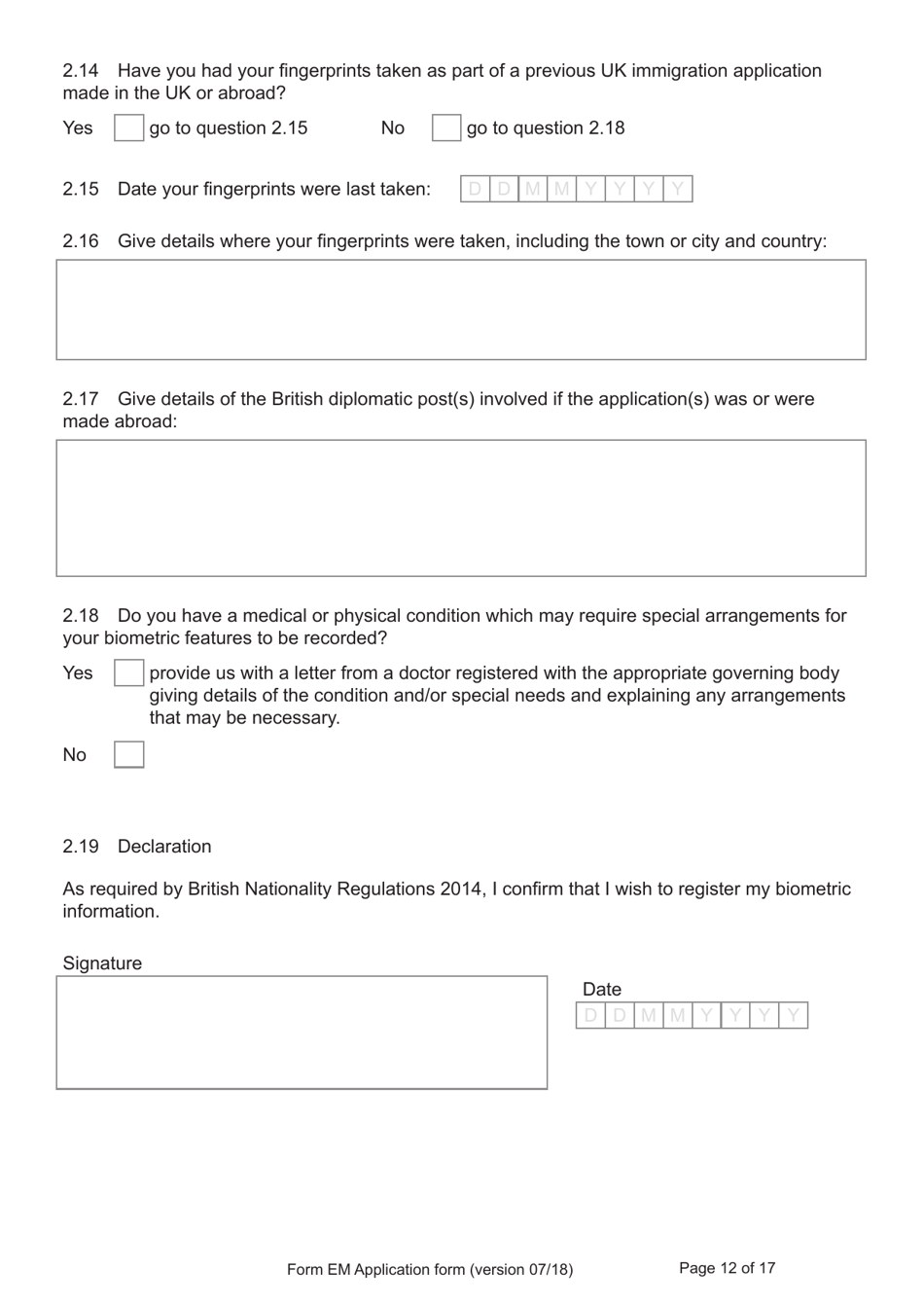 Form EM Application for Registration as a British Citizen Under British Nationality (Hong Kong) Act 1997 - United Kingdom, Page 12