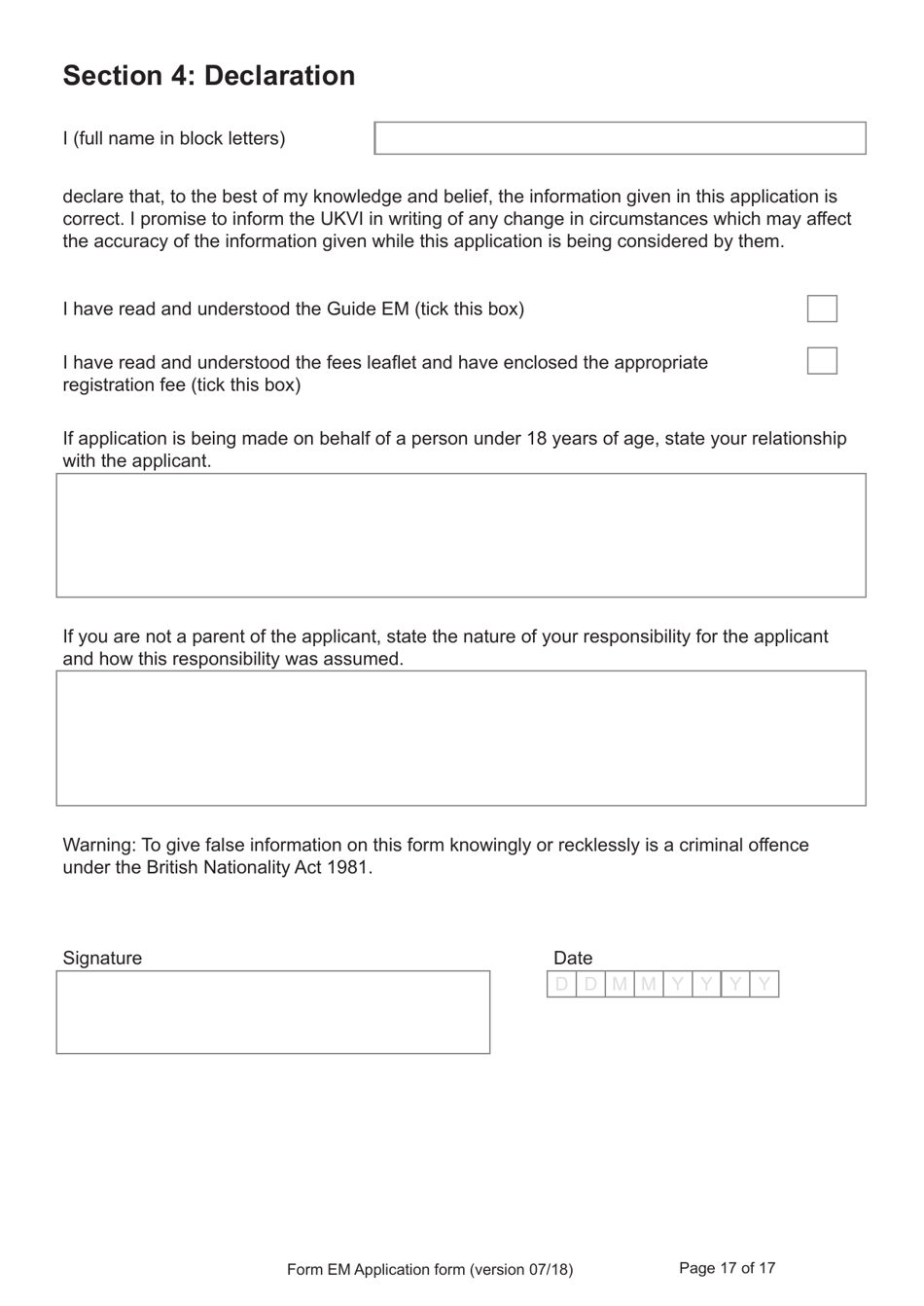 Form EM Application for Registration as a British Citizen Under British Nationality (Hong Kong) Act 1997 - United Kingdom, Page 17