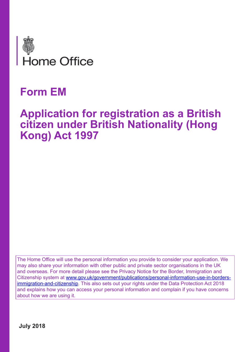 Form EM Application for Registration as a British Citizen Under British Nationality (Hong Kong) Act 1997 - United Kingdom, Page 1