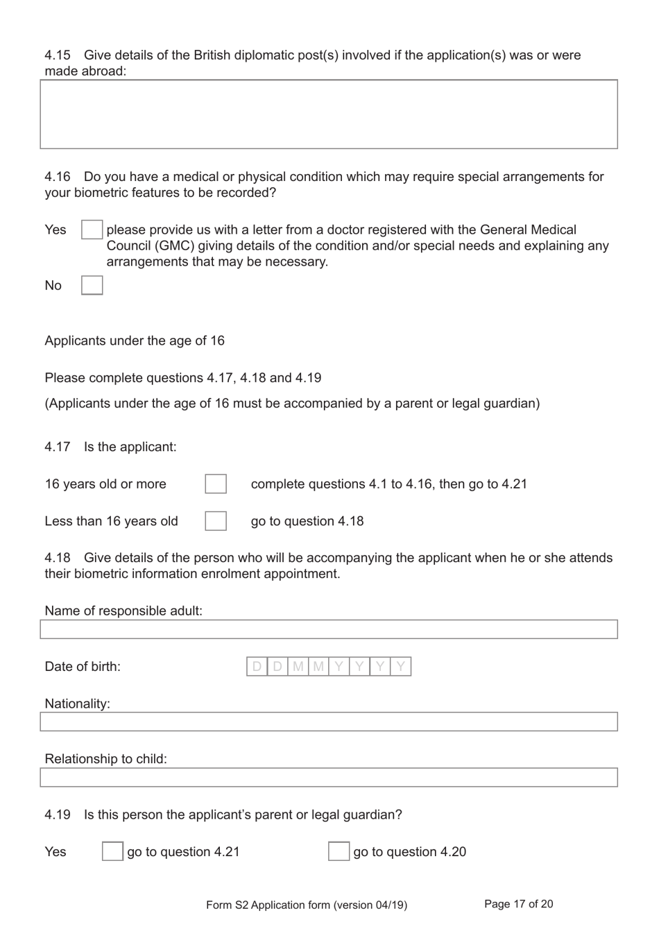Form S2 Application for Registration as a British Citizen / A British Overseas Territories Citizen / A British Overseas Citizen / A British Subject by or on Behalf of a Stateless Person Born Outside of the UK and the Overseas Territories on or After 1 January 1983 - United Kingdom, Page 17