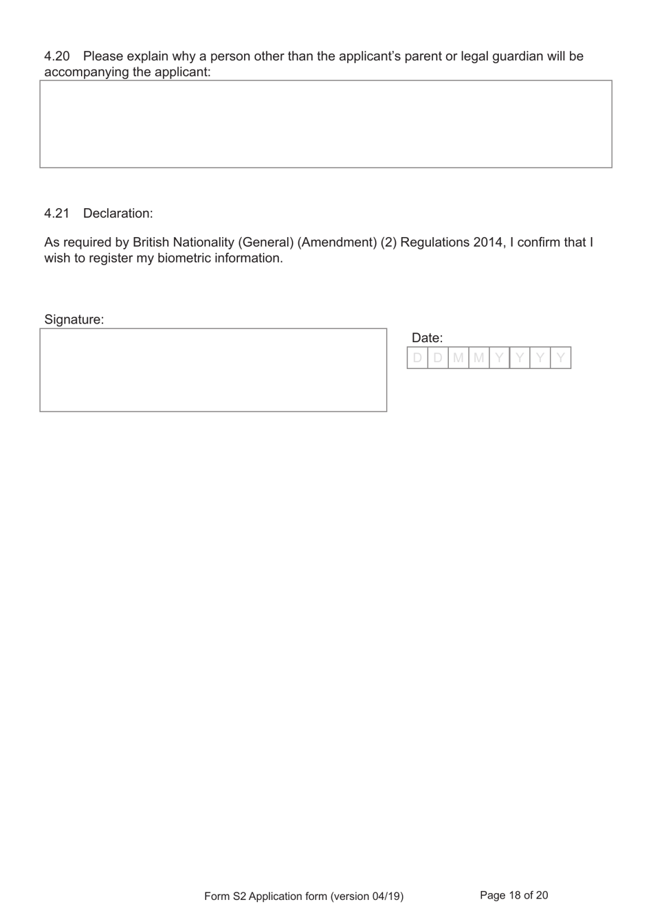 Form S2 Application for Registration as a British Citizen / A British Overseas Territories Citizen / A British Overseas Citizen / A British Subject by or on Behalf of a Stateless Person Born Outside of the UK and the Overseas Territories on or After 1 January 1983 - United Kingdom, Page 18