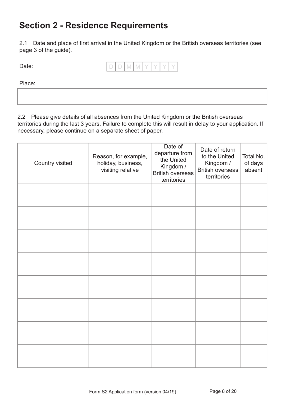 Form S2 Application for Registration as a British Citizen / A British Overseas Territories Citizen / A British Overseas Citizen / A British Subject by or on Behalf of a Stateless Person Born Outside of the UK and the Overseas Territories on or After 1 January 1983 - United Kingdom, Page 8