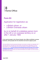 Document preview: Form S3 Application for Registration as a British Citizen, or a British Overseas Citizen - United Kingdom