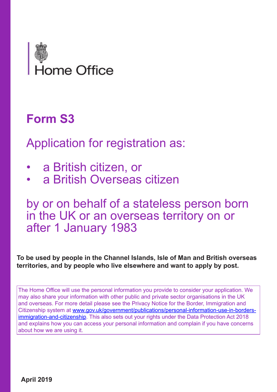 Form S3 Application for Registration as a British Citizen, or a British Overseas Citizen - United Kingdom, Page 1
