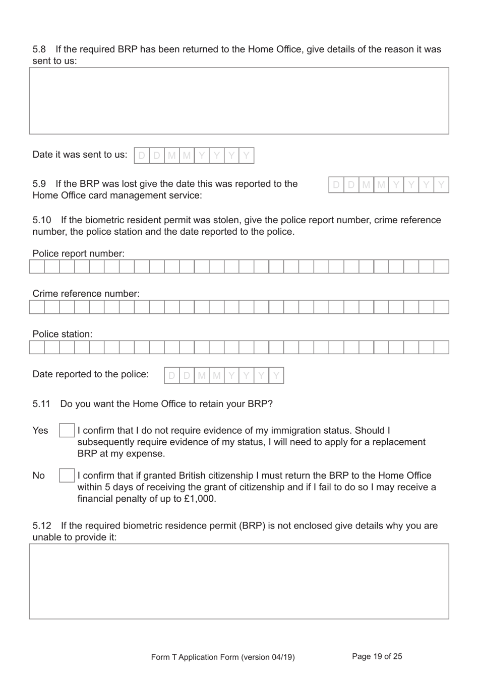 Form T Application for Registration as a British Citizen by a Person Who: Was Born in the UK on or After 1 January 1983 / Has Lived in the UK up to the Age of 10 - United Kingdom, Page 19