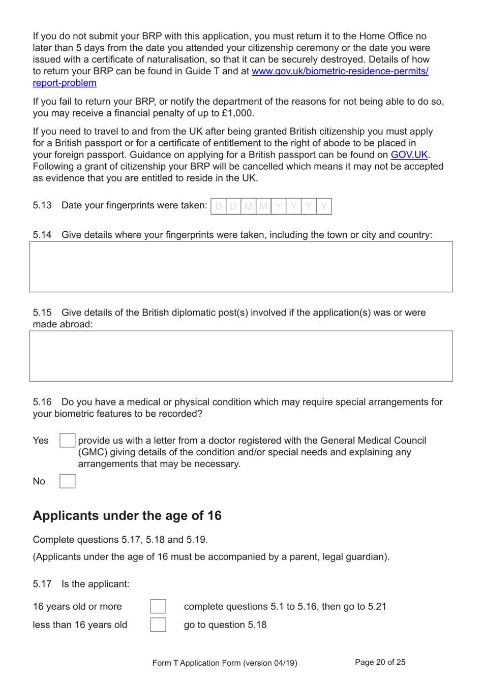 Form T Application for Registration as a British Citizen by a Person Who: Was Born in the UK on or After 1 January 1983 / Has Lived in the UK up to the Age of 10 - United Kingdom, Page 20