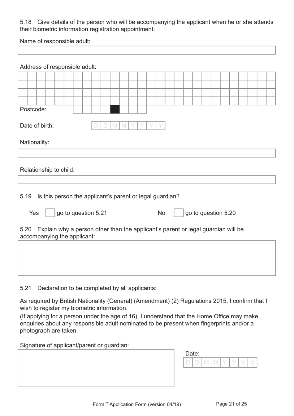 Form T Application for Registration as a British Citizen by a Person Who: Was Born in the UK on or After 1 January 1983 / Has Lived in the UK up to the Age of 10 - United Kingdom, Page 21