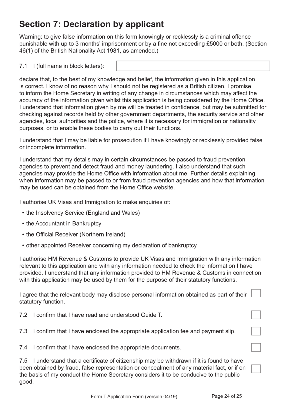 Form T Application for Registration as a British Citizen by a Person Who: Was Born in the UK on or After 1 January 1983 / Has Lived in the UK up to the Age of 10 - United Kingdom, Page 24