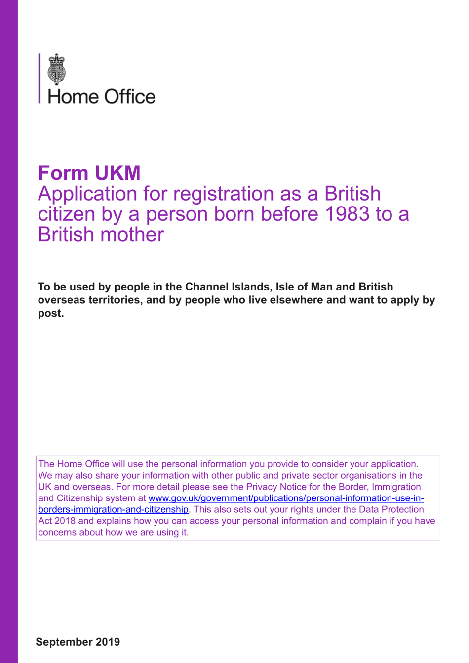 Form UKM Application for Registration as a British Citizen by a Person Born Before 1983 to a British Mother - United Kingdom, Page 1