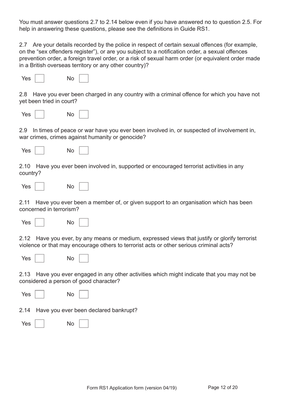 Form RS1 Application for Registration as a British Citizen by a Person Who Has Made a Declaration of Renunciation - United Kingdom, Page 12