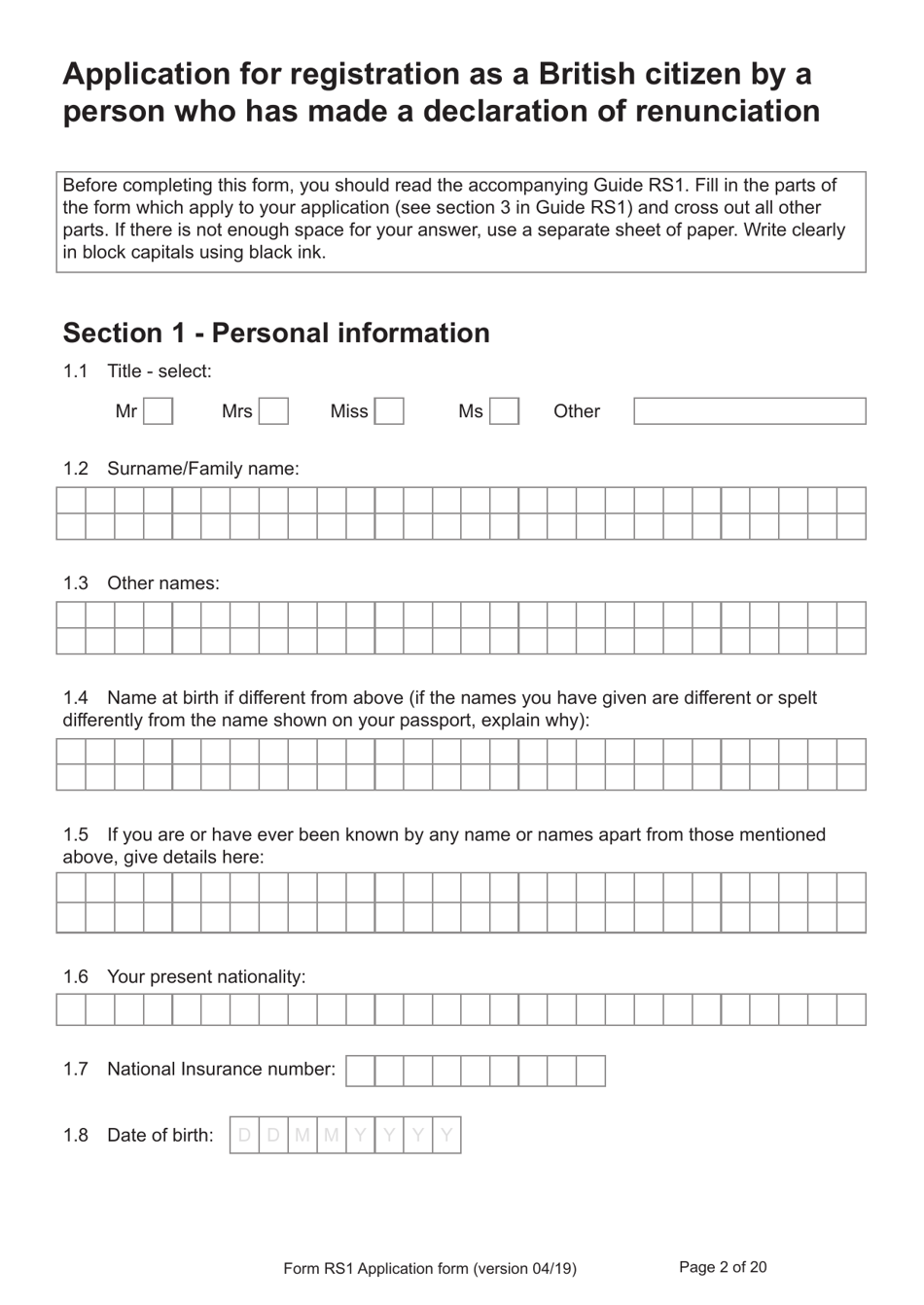 Form RS1 Application for Registration as a British Citizen by a Person Who Has Made a Declaration of Renunciation - United Kingdom, Page 2