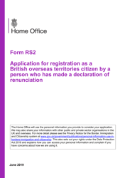 Document preview: Form RS2 Application for Registration as a British Overseas Territories Citizen by a Person Who Has Made a Declaration of Renunciation - United Kingdom