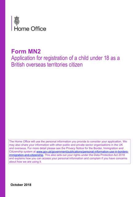 Form MN2 Application for Registration of a Child Under 18 as a British Overseas Territories Citizen - United Kingdom