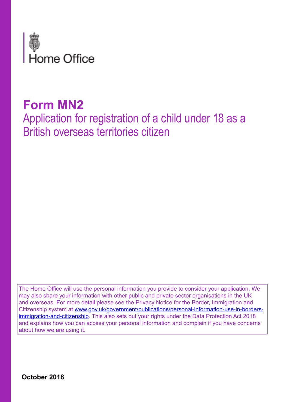 Form MN2 Application for Registration of a Child Under 18 as a British Overseas Territories Citizen - United Kingdom, Page 1