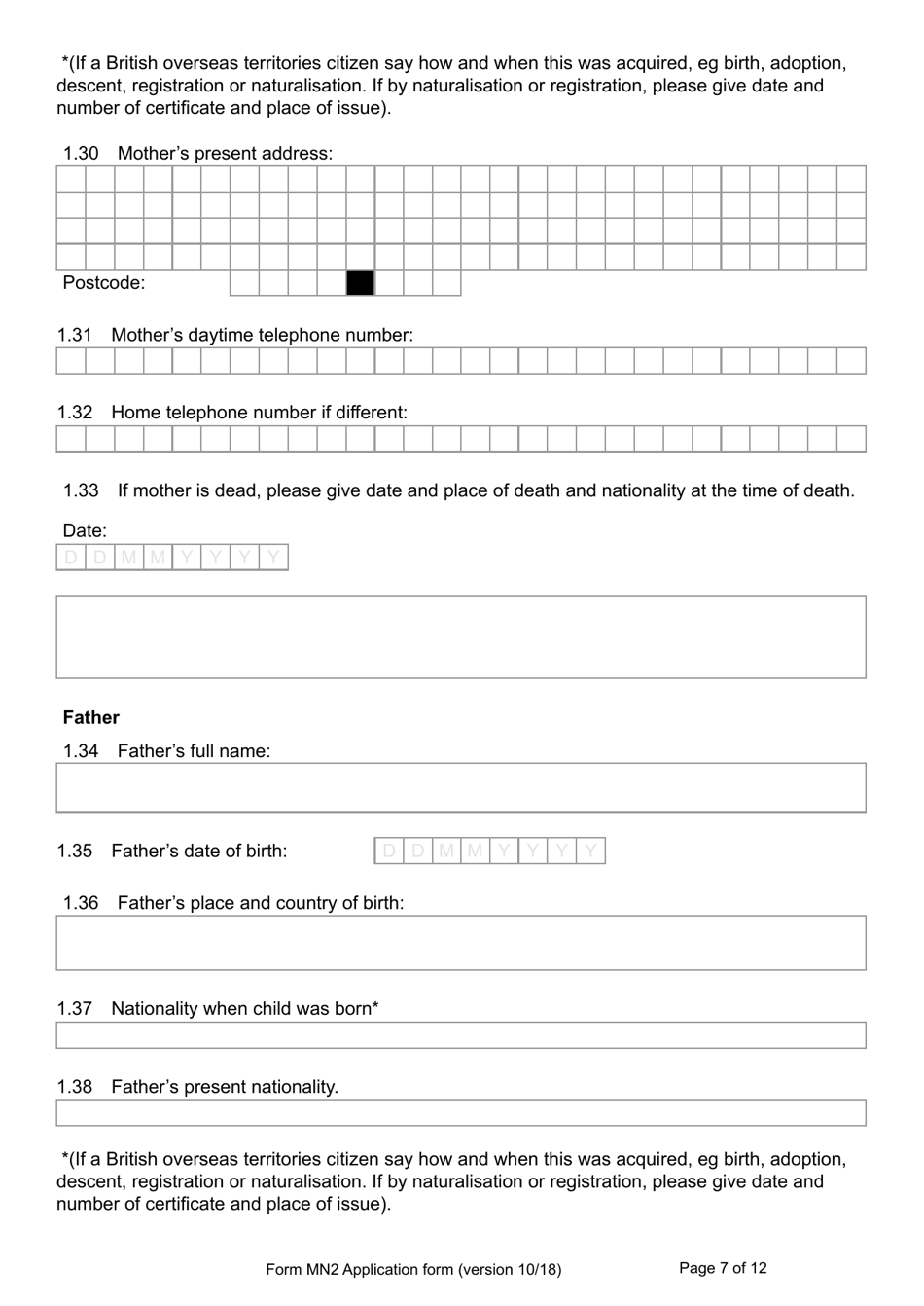 Form MN2 Application for Registration of a Child Under 18 as a British Overseas Territories Citizen - United Kingdom, Page 7