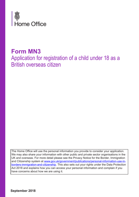 Form MN3 Application for Registration of a Child Under 18 as a British Overseas Citizen - United Kingdom