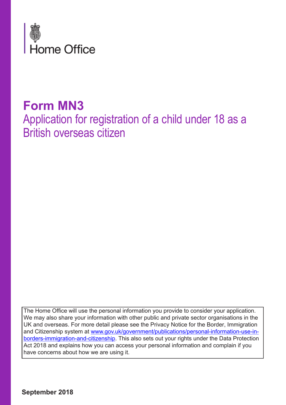 Form MN3 Application for Registration of a Child Under 18 as a British Overseas Citizen - United Kingdom, Page 1