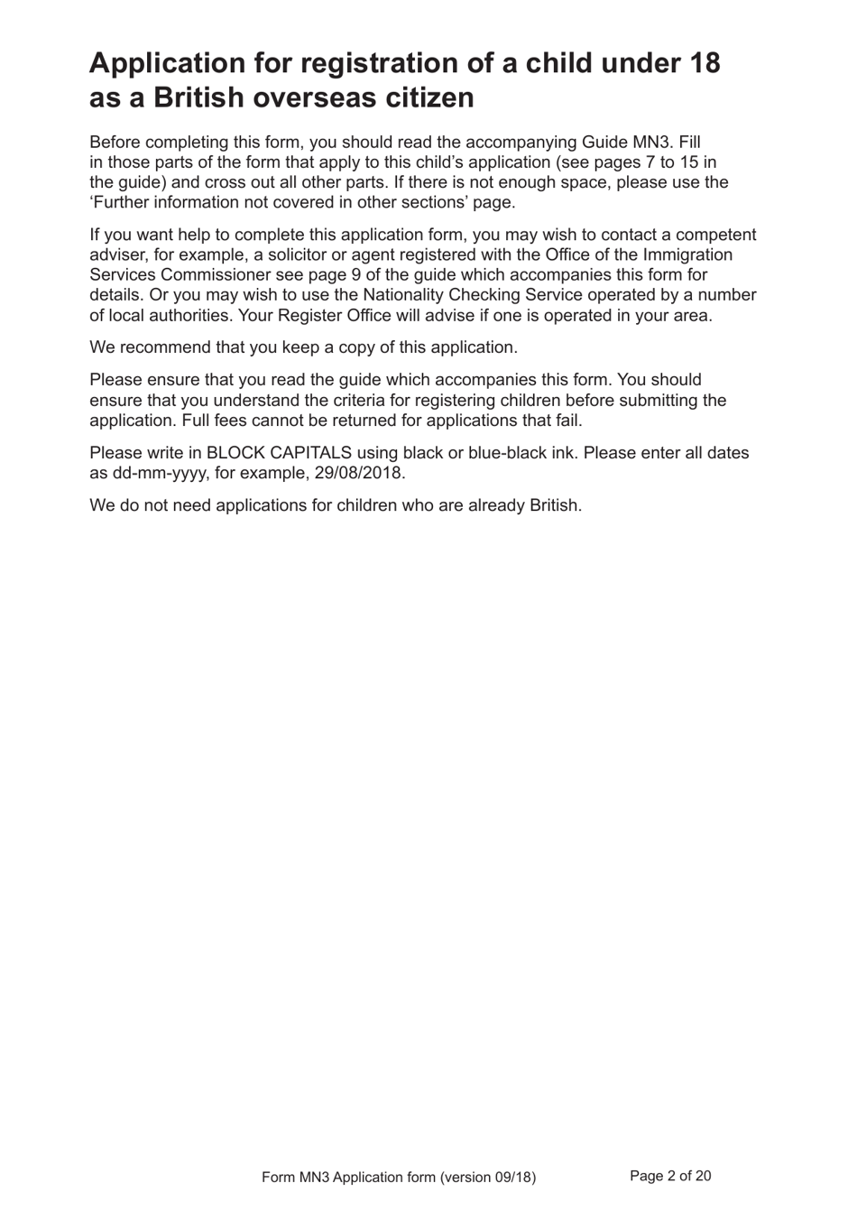 Form MN3 Application for Registration of a Child Under 18 as a British Overseas Citizen - United Kingdom, Page 2