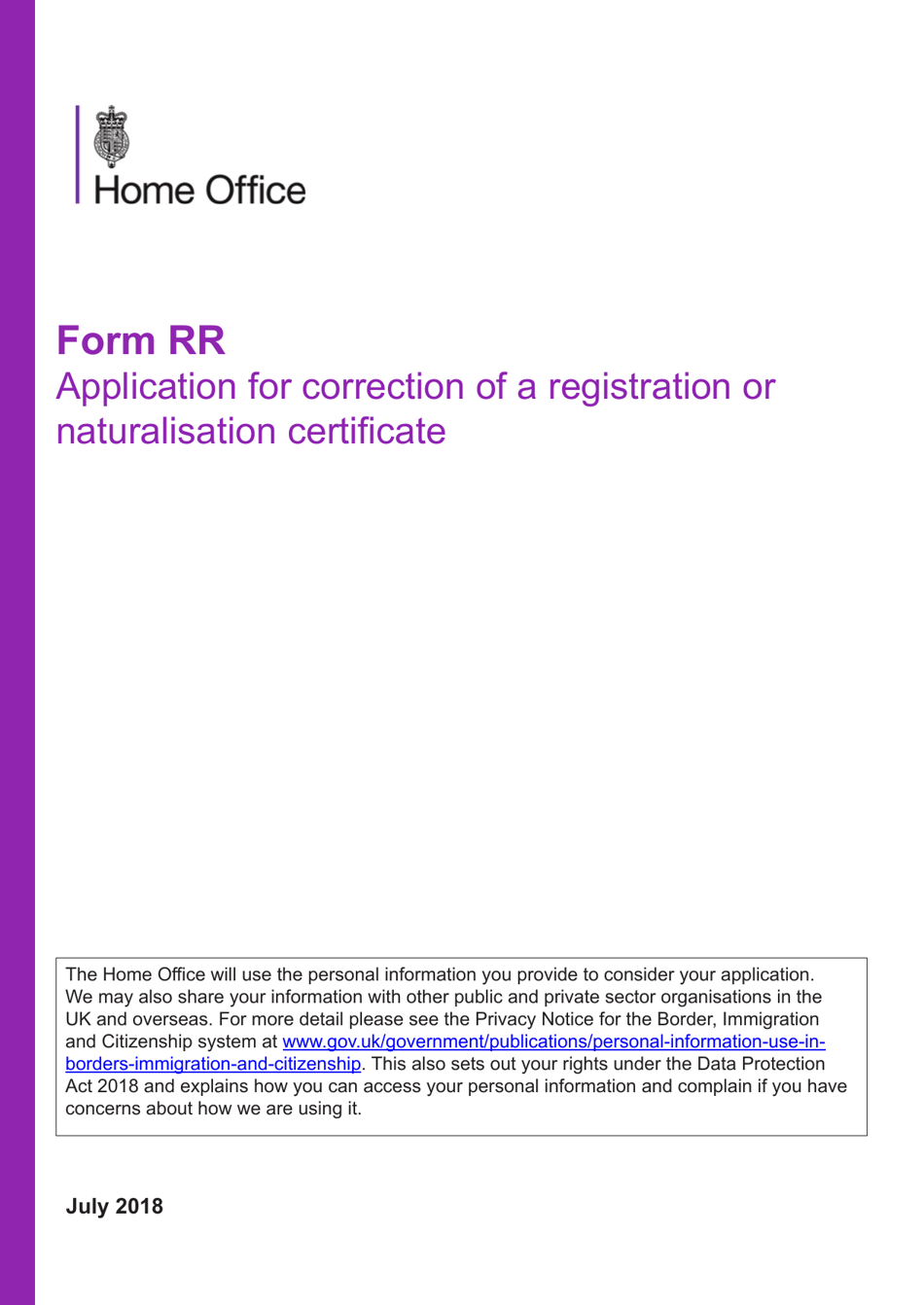 Form RR Application for Correction of a Registration or Naturalisation Certificate - United Kingdom, Page 1
