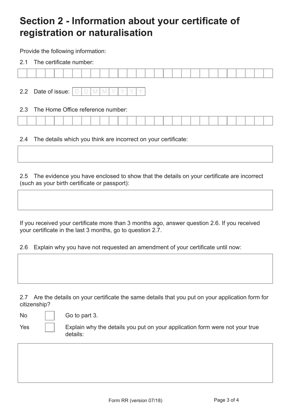 Form RR Application for Correction of a Registration or Naturalisation Certificate - United Kingdom, Page 3