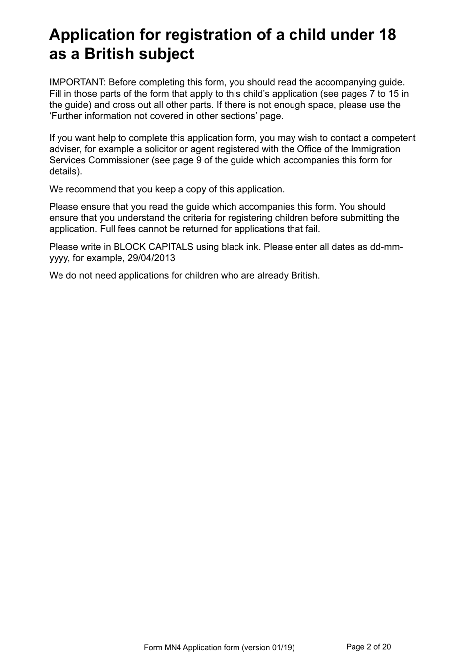 Form MN4 Application for Registration of a Child Under 18 as a British Subject - United Kingdom, Page 2