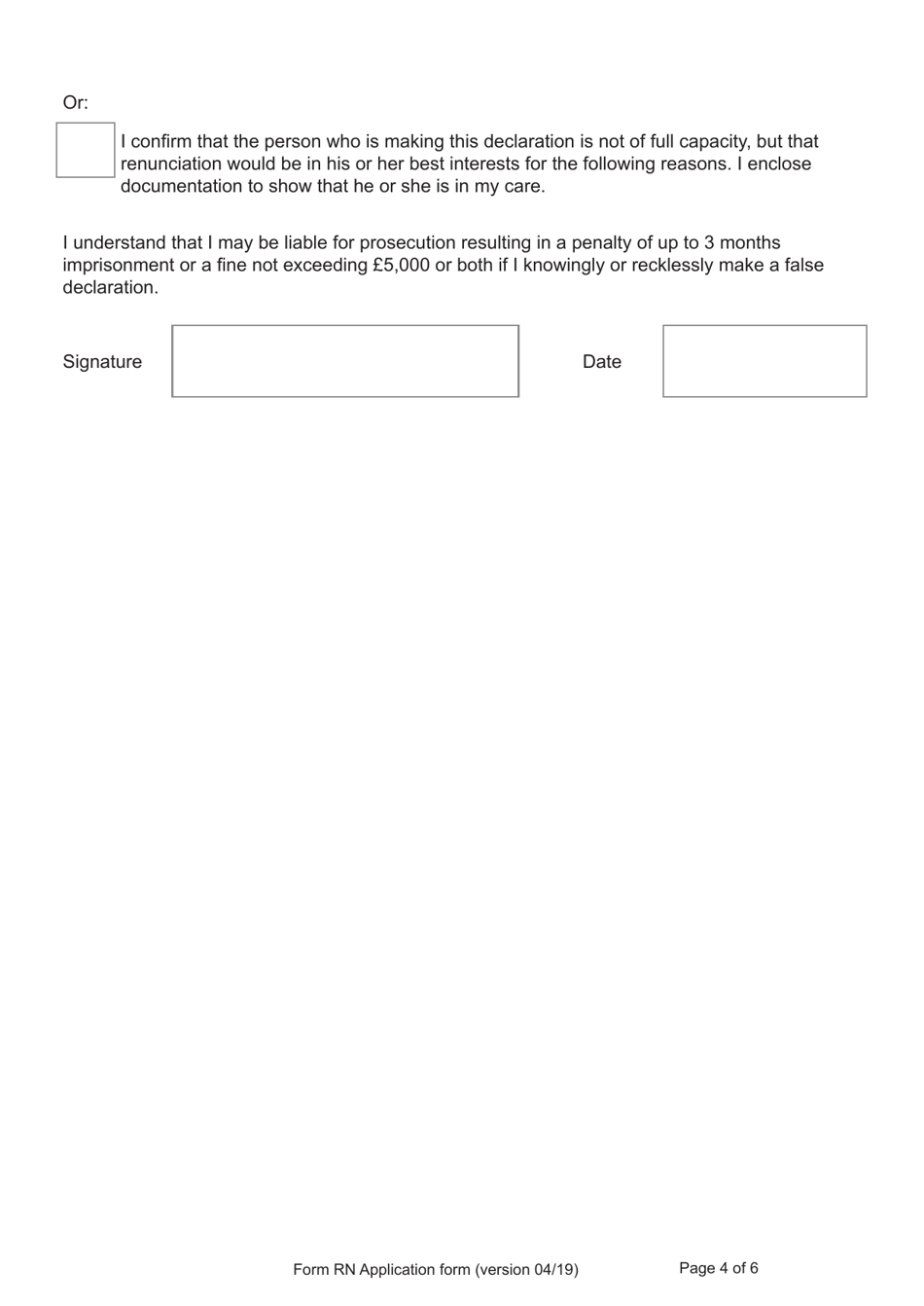 Form RN Declaration of Renunciation of British Citizenship, British Overseas Citizenship, British Overseas Territories Citizenship, British National (Overseas) or British Subject Status - United Kingdom, Page 4