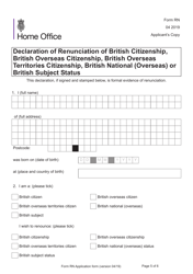 Form RN Declaration of Renunciation of British Citizenship, British Overseas Citizenship, British Overseas Territories Citizenship, British National (Overseas) or British Subject Status - United Kingdom, Page 5