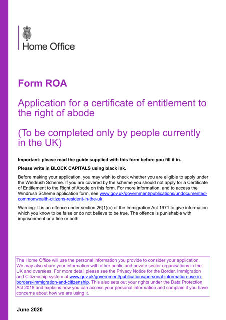 Form ROA Application for a Certificate of Entitlement to the Right of Abode - United Kingdom
