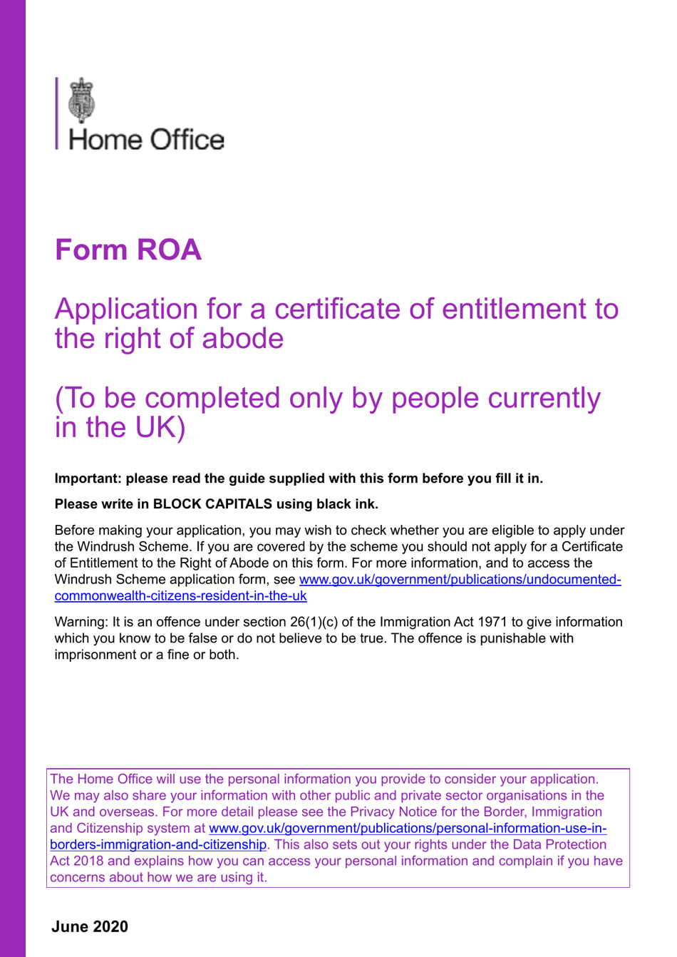 Form ROA Application for a Certificate of Entitlement to the Right of Abode - United Kingdom, Page 1