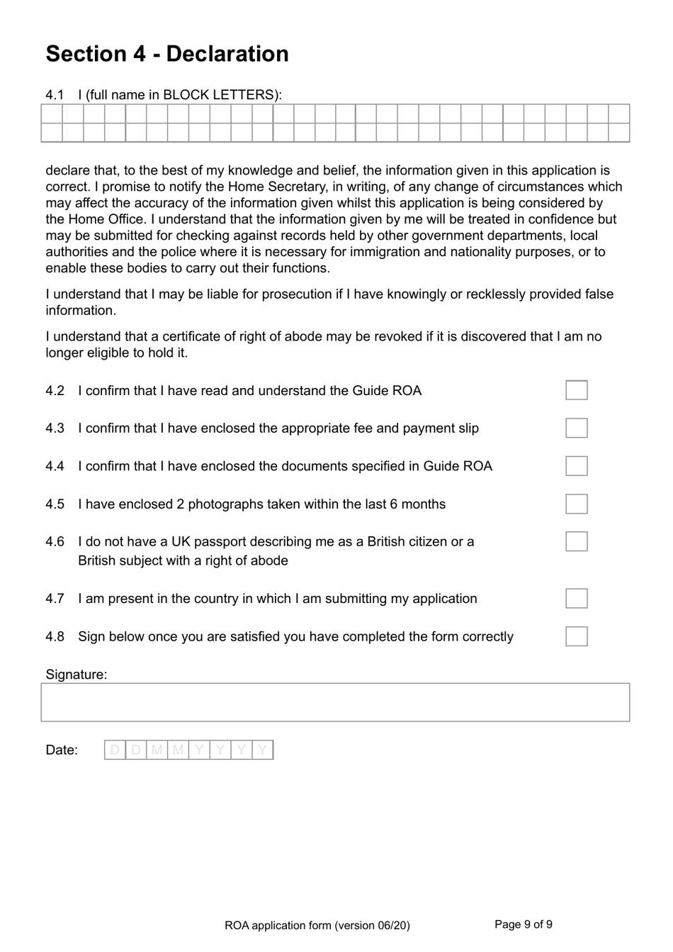 Form ROA Application for a Certificate of Entitlement to the Right of Abode - United Kingdom, Page 9