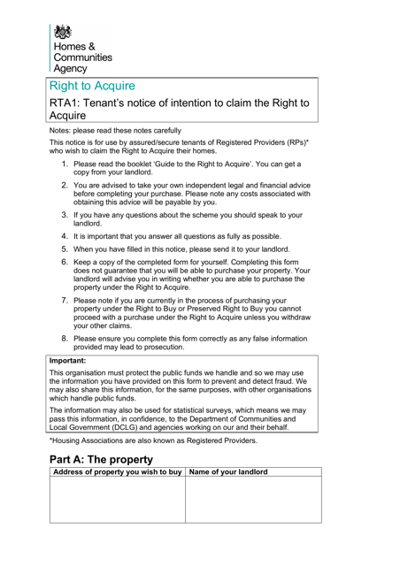 Form RTA1 Tenant's Notice of Intention to Claim the Right to Acquire - United Kingdom