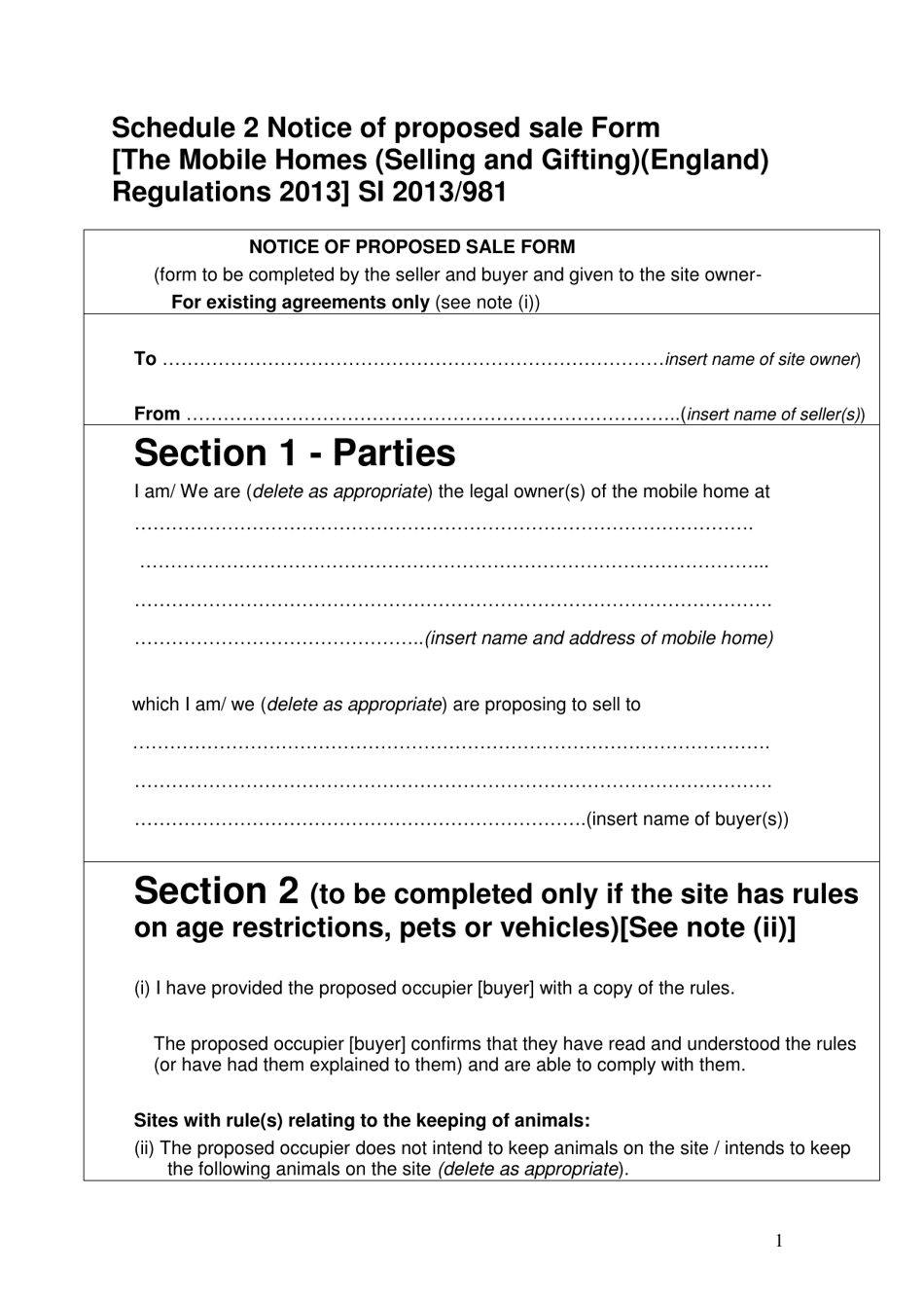 Schedule 2 Notice of Proposed Sale Form: Park Homes - United Kingdom, Page 1