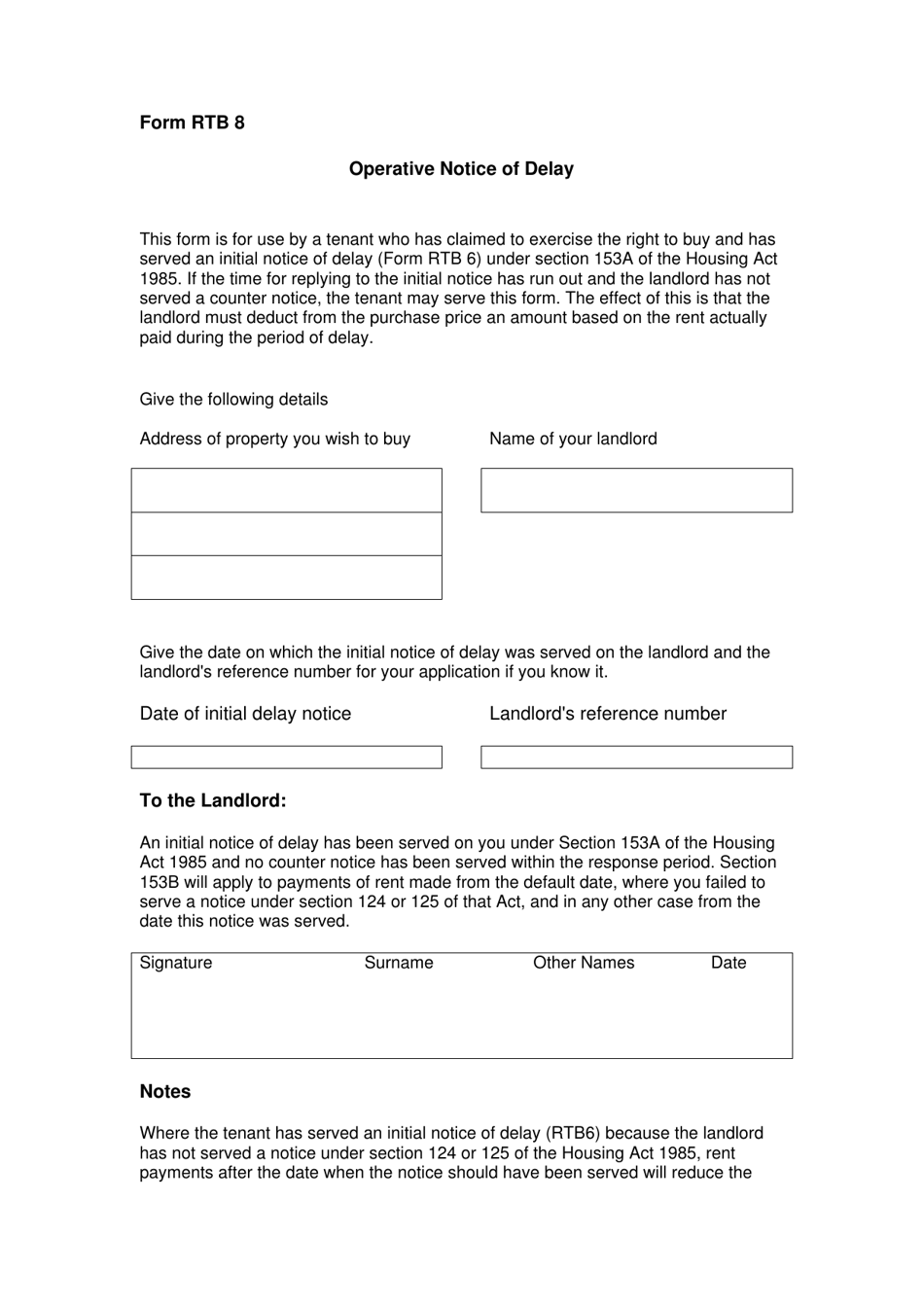 Form RTB8 Operative Notice of Delay - United Kingdom, Page 1