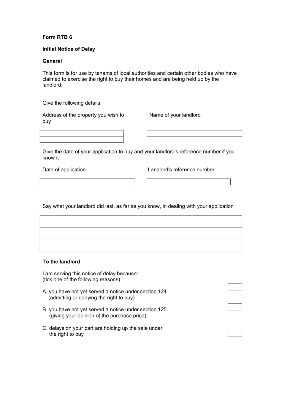 Form RTB6 Initial Notice of Delay - United Kingdom, Page 1