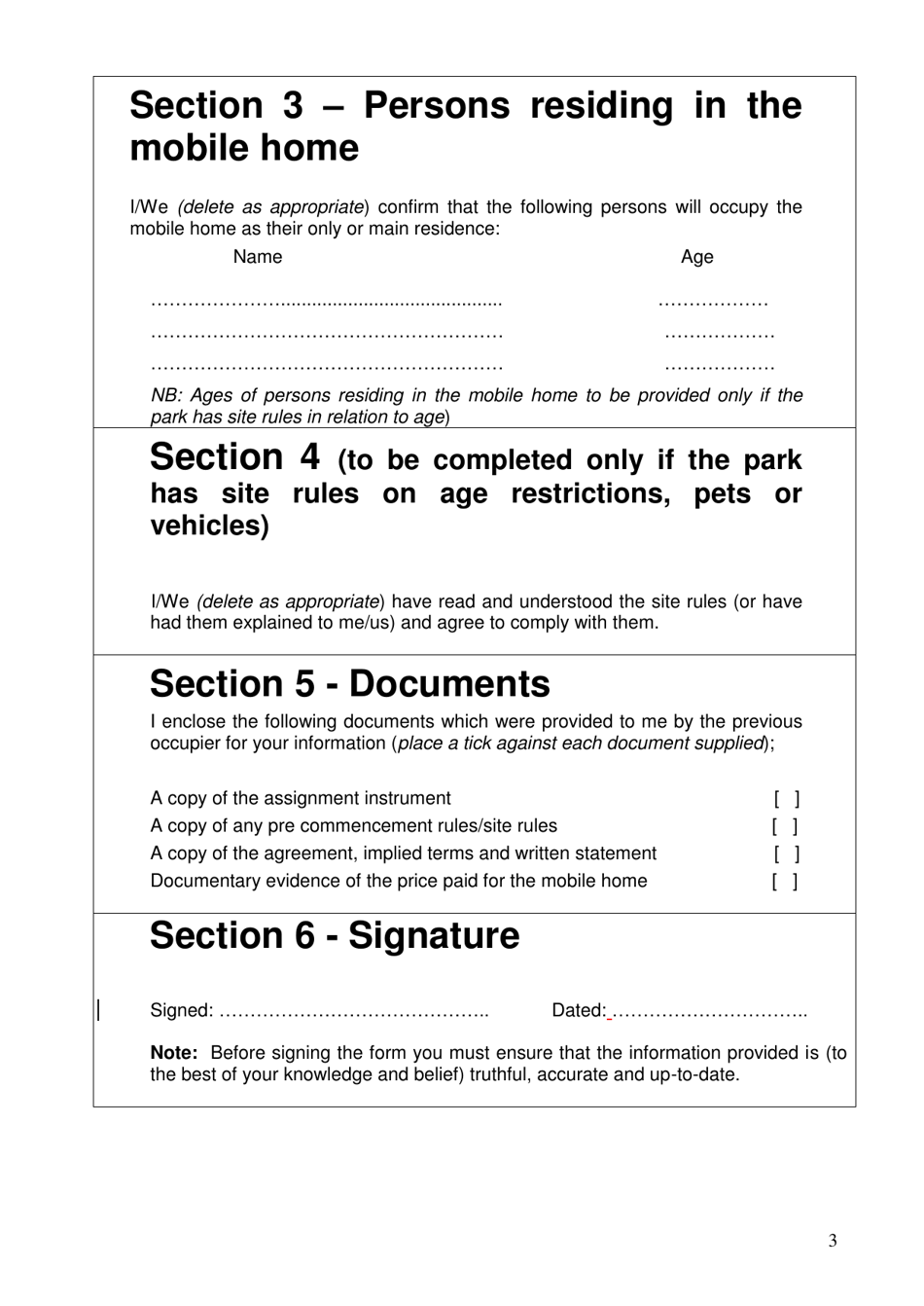 Schedule 5 Notice of Assignment Form: Park Homes - United Kingdom, Page 3