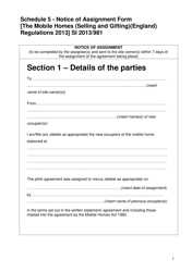 Document preview: Schedule 5 Notice of Assignment Form: Park Homes - United Kingdom