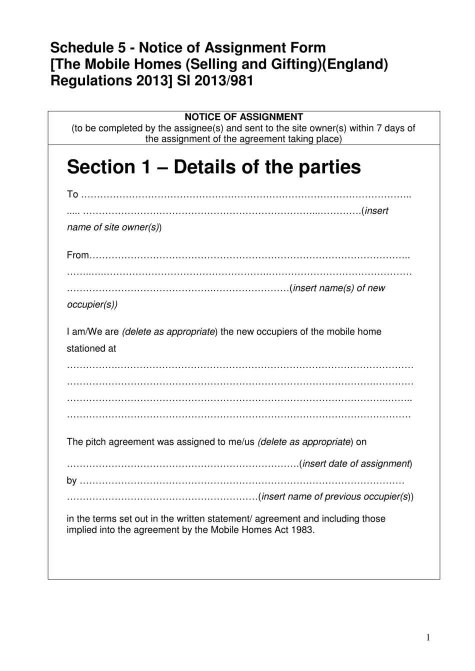 schedule 5 notice of assignment form