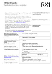 Form RX1 &quot;Application to Enter a Restriction&quot; - United Kingdom