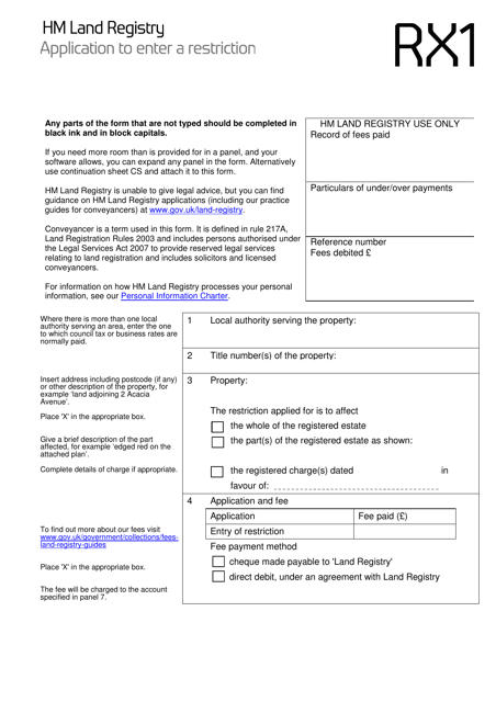 Form RX1 Application to Enter a Restriction - United Kingdom