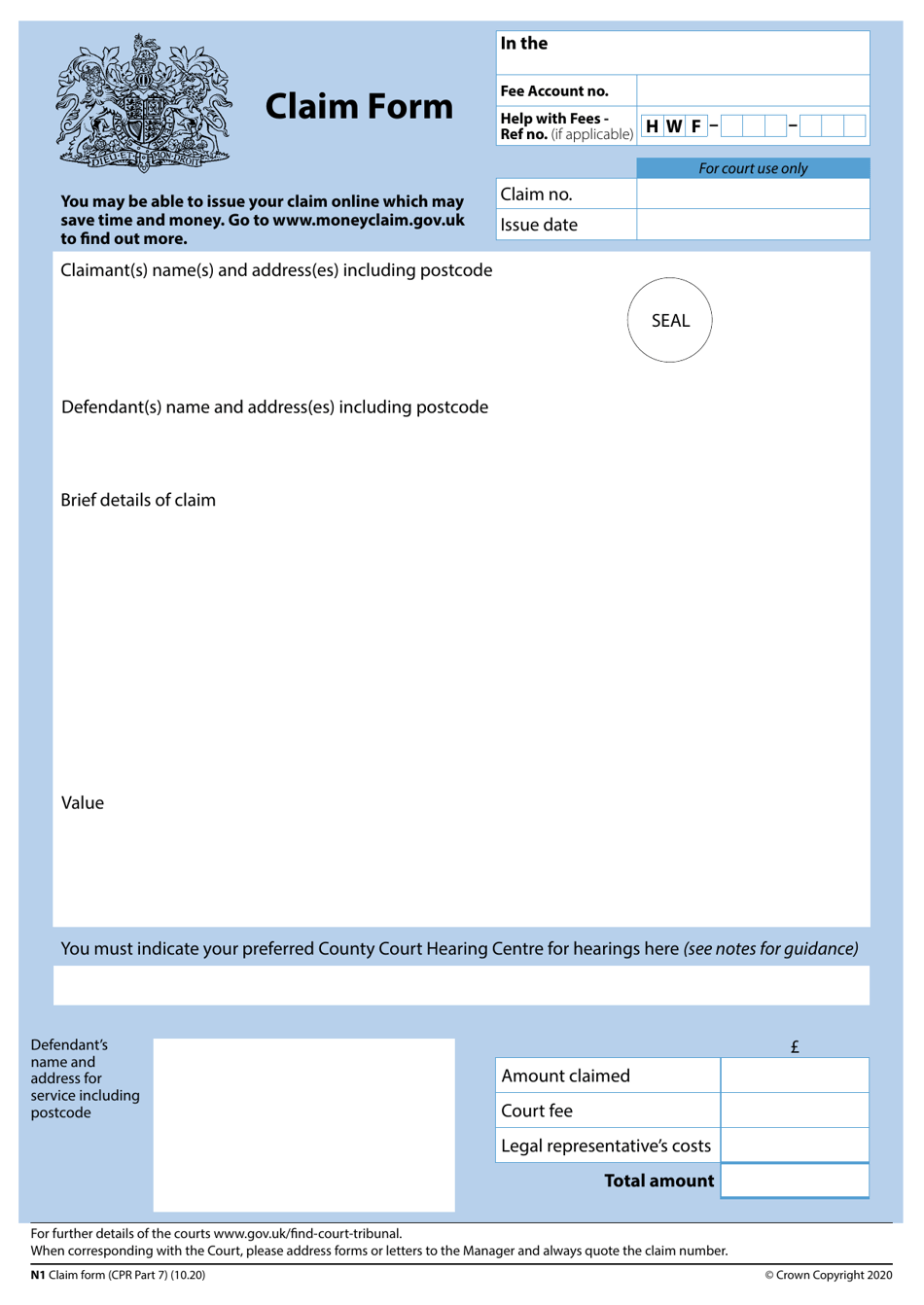 Form N1 Claim Form (Cpr Part 7) - United Kingdom, Page 1