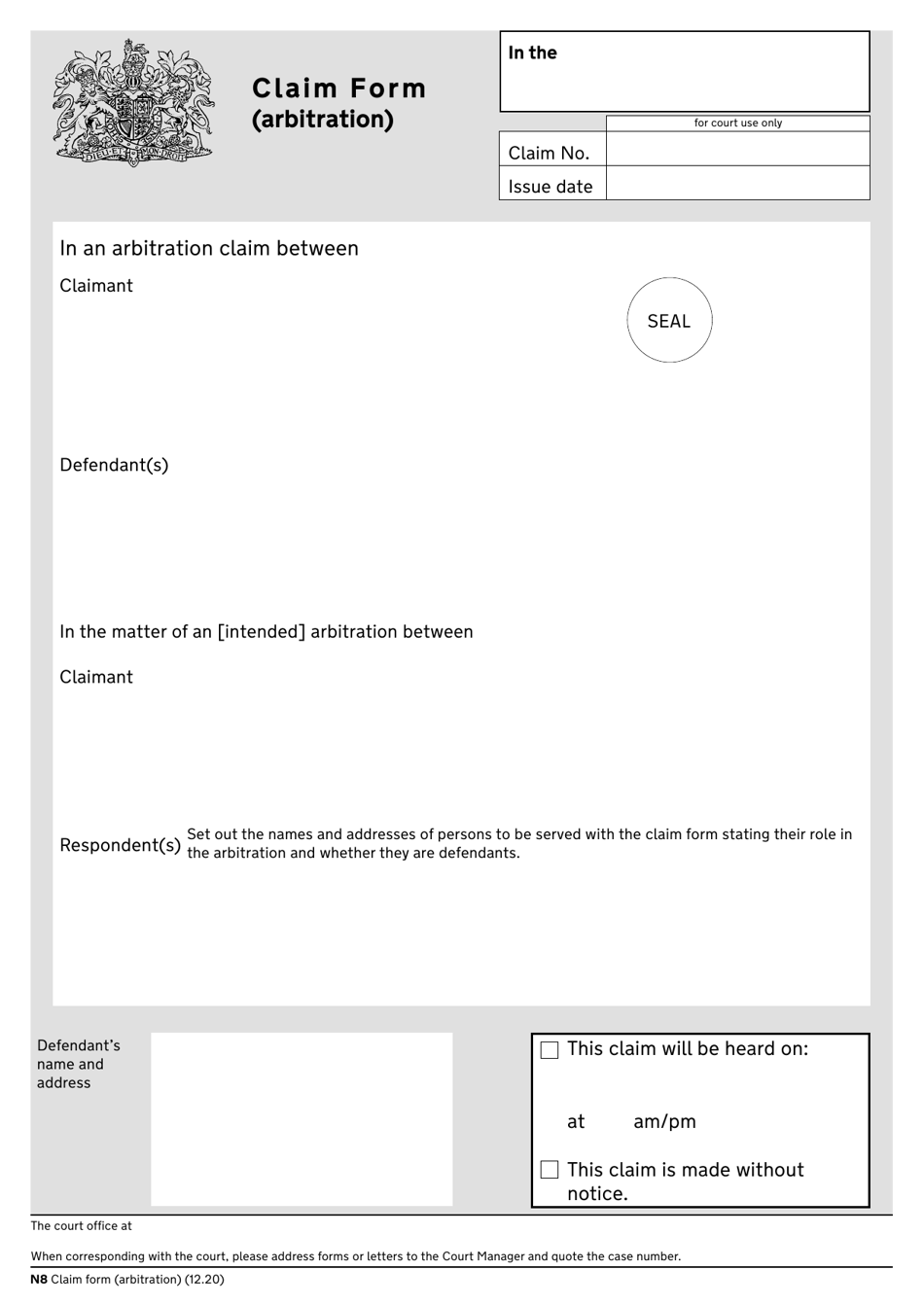 Form N8 Claim Form (Arbitration) - United Kingdom, Page 1