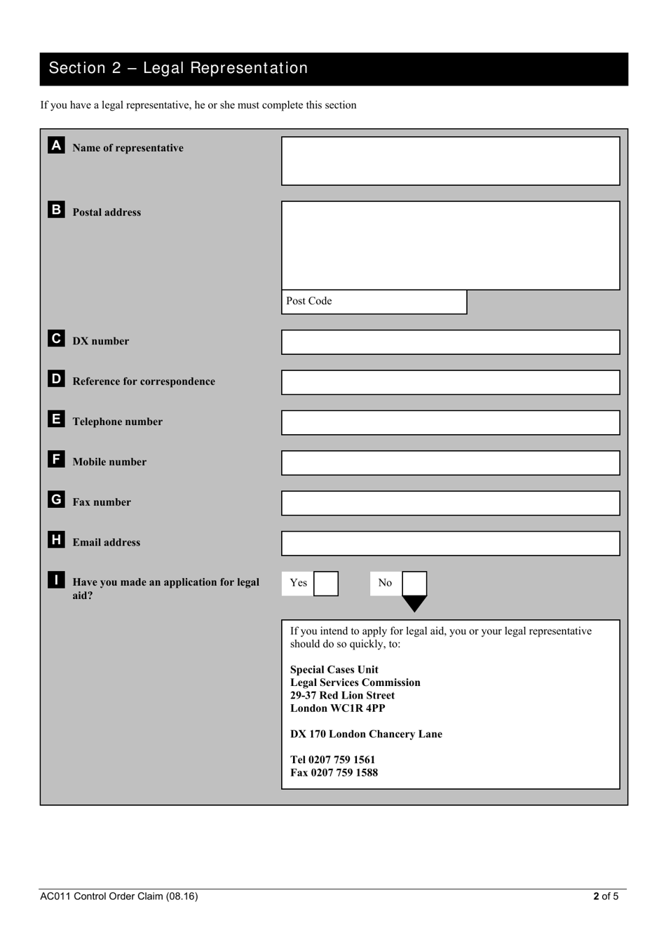 Form AC011 Claim Form (Under Section 11) - United Kingdom, Page 2