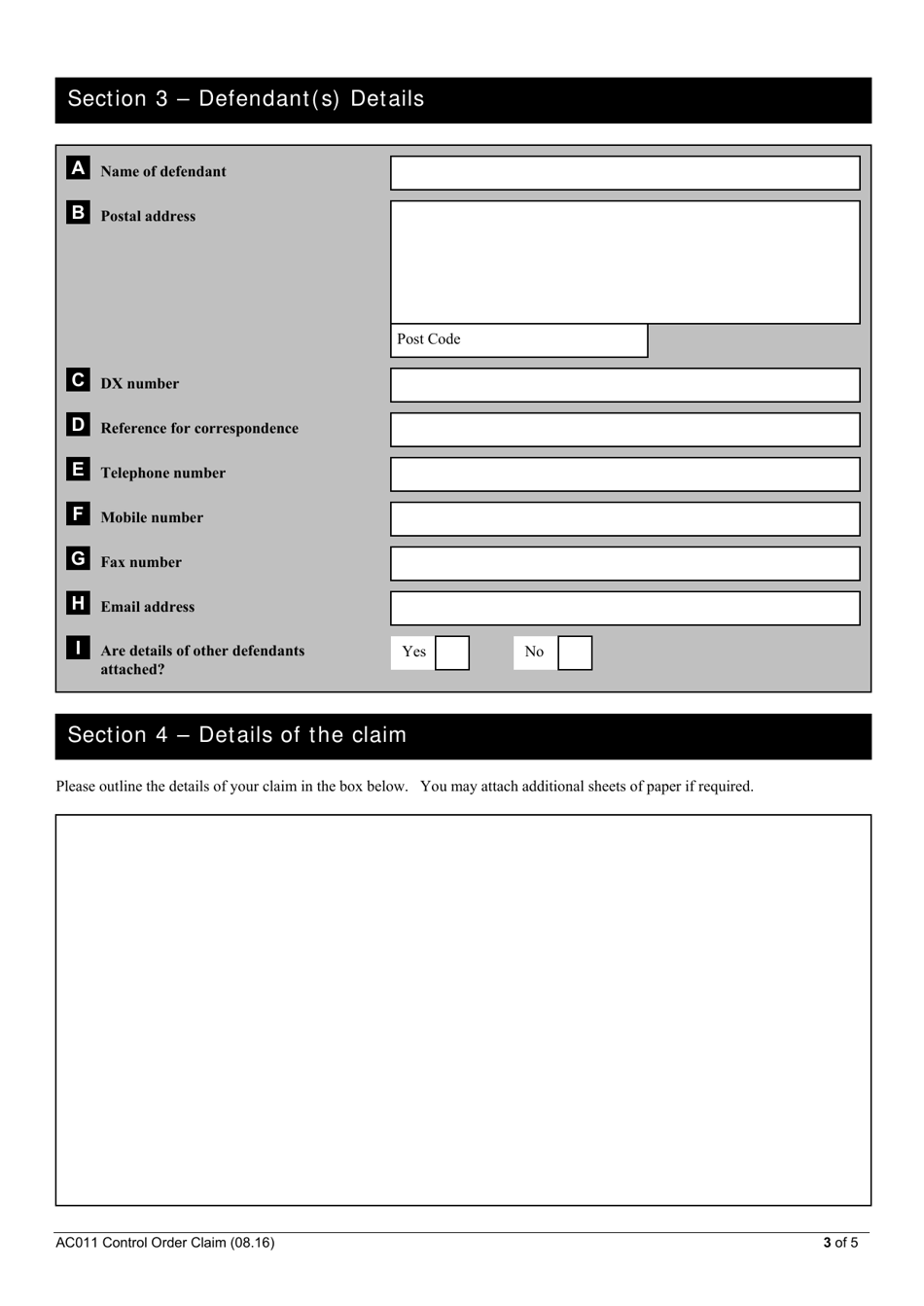 Form AC011 Claim Form (Under Section 11) - United Kingdom, Page 3