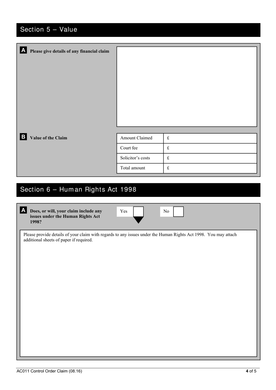 Form AC011 Claim Form (Under Section 11) - United Kingdom, Page 4